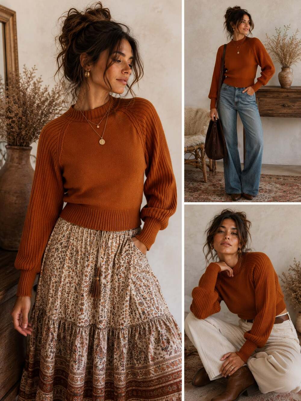 Maeve by Anthropologie Mock-Neck Raglan Ribbed Sleeve Pullover Sweater in Copper